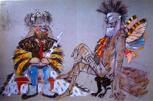 A sketch of two colorful figures: one, a king, wearing a crown and feathered cape and holding a scepter; another, a humanoid creature with a mohawk and butterfly wings sitting down with legs crossed.