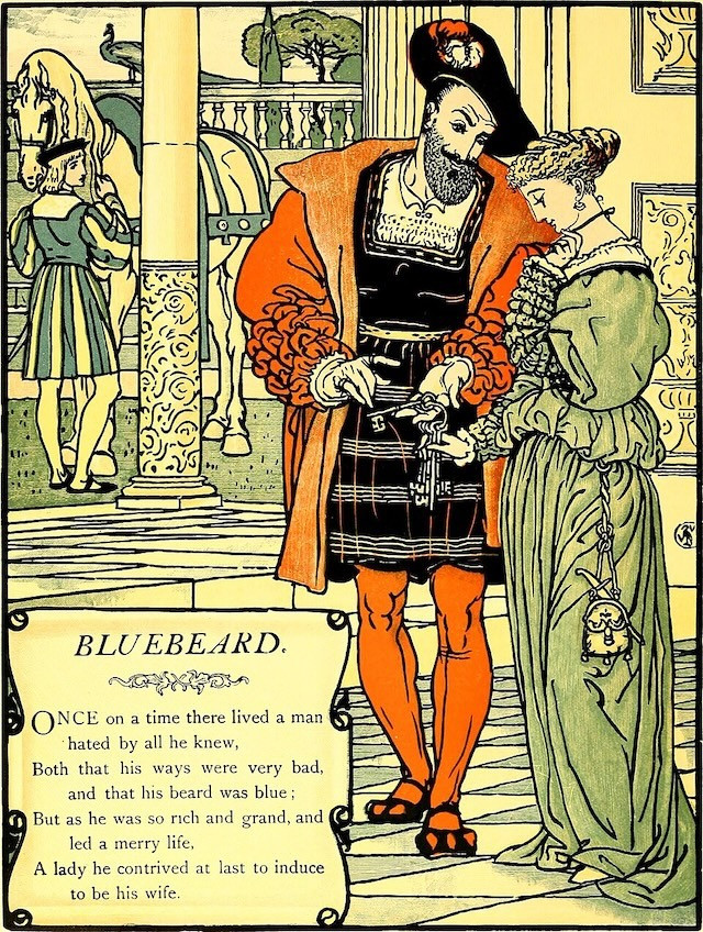 Illustration of a man handing a ring of keys to a woman while another person with a horse looks over his shoulder at them. The text reads, "Bluebeard. Once on a time there lived a man hated by all he knew, both that his ways were very bad, and that his beard was blue; but as he was so rich and grand, and led a merry life, a lady he contrived at last to induce to be his wife."