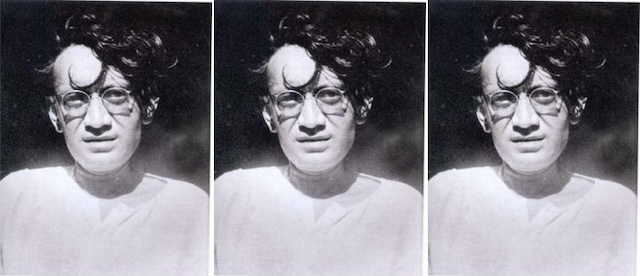 Tripled black-and-white photograph of Manto, a man with dark hair and glasses in a shite shirt.