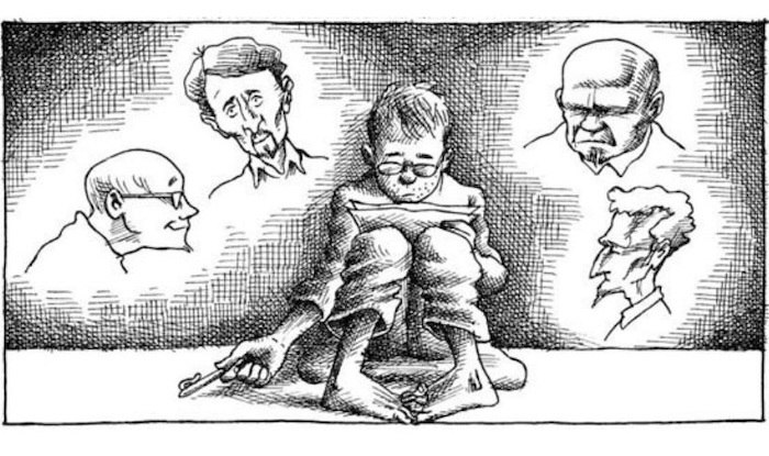 Black and white illustration of a frowning man holding a pen and paper, while floating heads of four other men surround him.