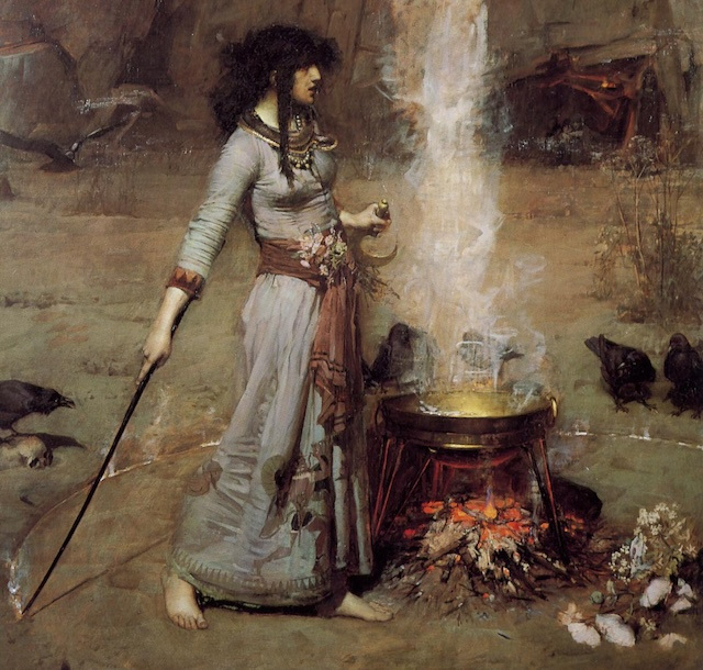 Painting of a woman in a grey dress drawing a circle in the dirt around a steaming cauldron.