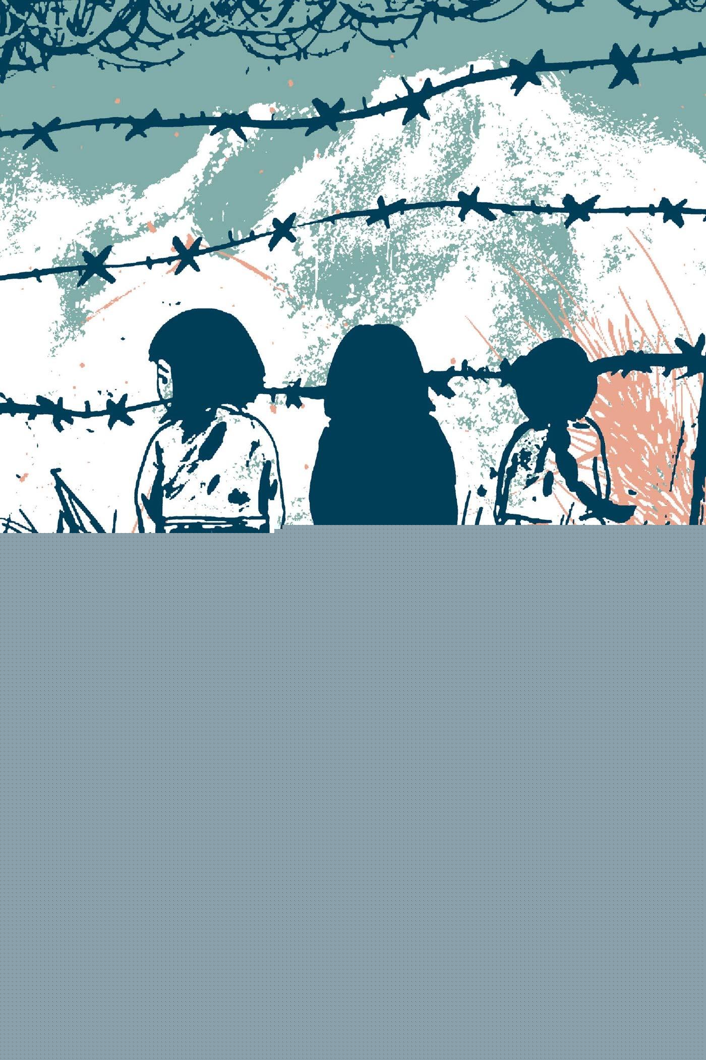 Cover of the book Grass, showing three girls looking through barbed wire.